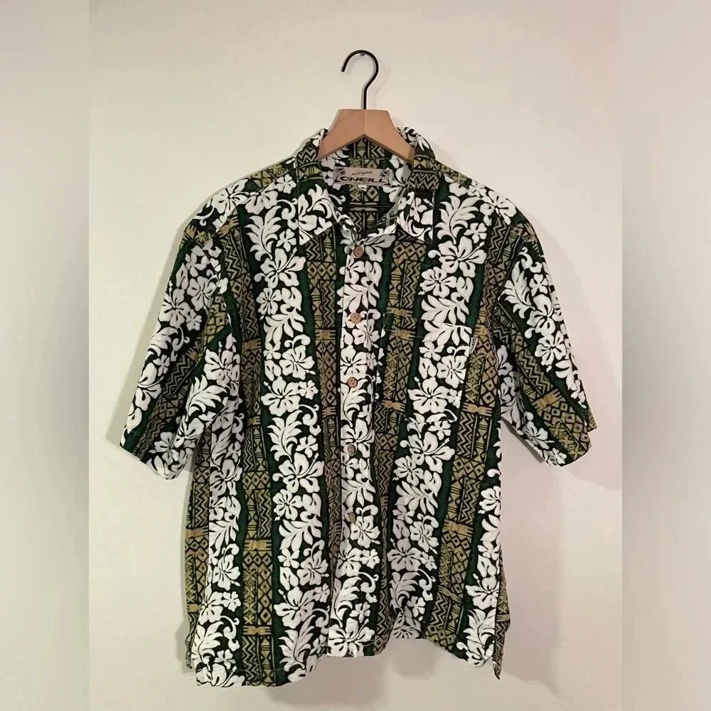 Vintage O'Neill Mens Medium Green Floral Button Up  Hawaiian Shirt Made In USA